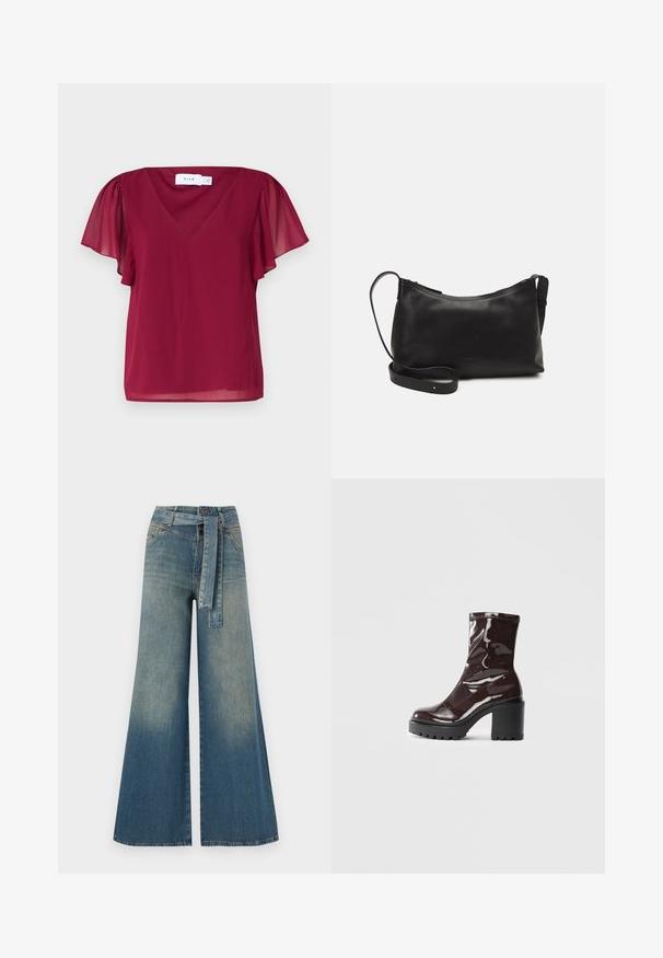 Blouse bordeaux à manches courtes avec un décolleté en V, dotée de manches floues transparentes et d'une texture douce. L'étiquette indique "VILA."; Pantalons en denim à jambe large présentant un dégradé de bleu clair à bleu foncé, taille haute, passants de ceinture et une ceinture en tissu assortie. Finition en denim texturé.; Bottines bordeaux brillantes à talon épais noir, avec une texture lisse et un design simple. Aucune fermeture visible ni motifs.; Sac à épaule en cuir noir avec une texture lisse, une forme courbée, une bandoulière ajustable et une fermeture éclair. Design minimaliste sans embellissements.
