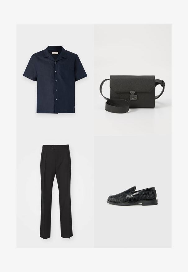 Camicia a maniche corte in tessuto blu navy scuro, con colletto, sei bottoni, taschino sul petto e un piccolo dettaglio del logo all'orlo.; Pantaloni neri su misura con design a gamba dritta, due tasche anteriori e chiusura a doppio bottone in vita. Tessuto dalla finitura liscia.; Scarpa nera a mocassino intrecciata con un accentuato in pelle liscia sulla parte superiore, design a punta rotonda e suola in gomma a profilo basso.; Borsa a tracolla nera in pelle con finitura texture, chiusura a pattina, accessori in metallo e tracolla regolabile coordinata.