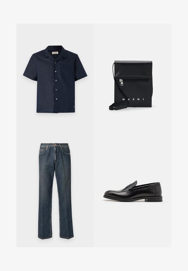 Kurzarmhemd aus dunkelblauem Stoff, mit Kragen, sechs Knopfverschlüssen, einer Brusttasche und einem kleinen Logodetail am Saum.; Dunkelblaue, gerade Jeans aus Denim mit vorderem Knopf, Reißverschluss, doppelten vorderen Taschen und sichtbaren vertikalen Falten entlang der Beine.; Schwarze Lederloafers mit glatter Textur, rundem Zehenbereich und einem dekorativen Riemen über dem Vorderfuß. Niedriger, gestapelter Absatz, minimalistisches Design.; Schwarze Leder-Crossbody-Tasche mit einer Reißverschlusstasche vorne, geprägtem Logo und verstellbarem Tragegurt. Glatte Oberfläche mit strukturierter Form.