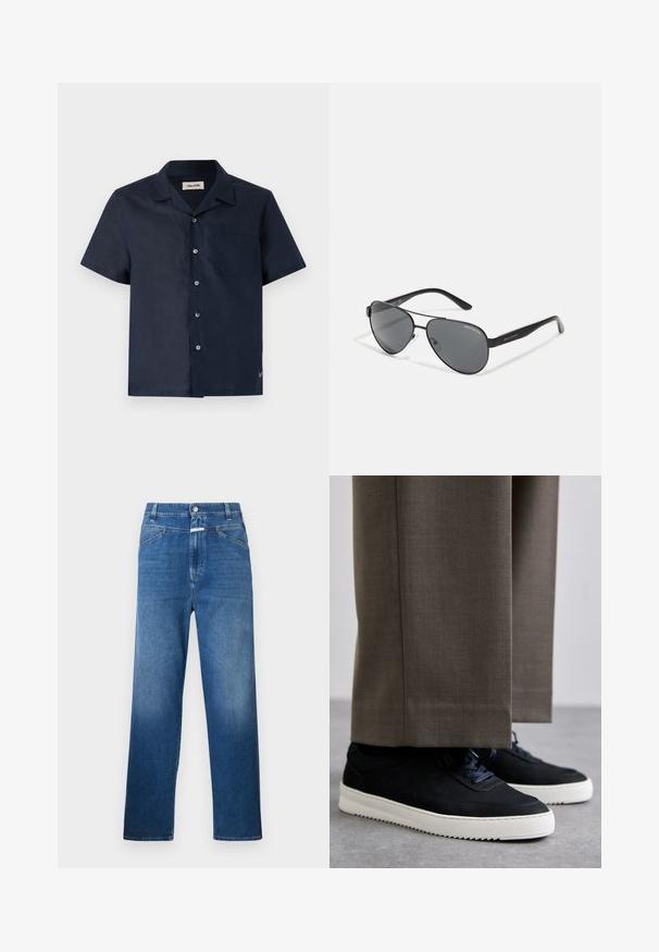 Kortærmet skjorte i mørkeblå stof, med krave, seks knaplukninger, en brystlomme og et lille logo-detalje nederst.; Blå denimjeans med lige ben, der har en knaplukning, bæltestropper og let falmning på lårene.; Sorte ruskind sneakers med hvide gummisåler, med rund tå og snørebånd, båret med grå skræddersyede bukser.; Sorte aviator solbriller med mørke linser, tynd metalramme og slanke plastikstænger med logo detaljer.