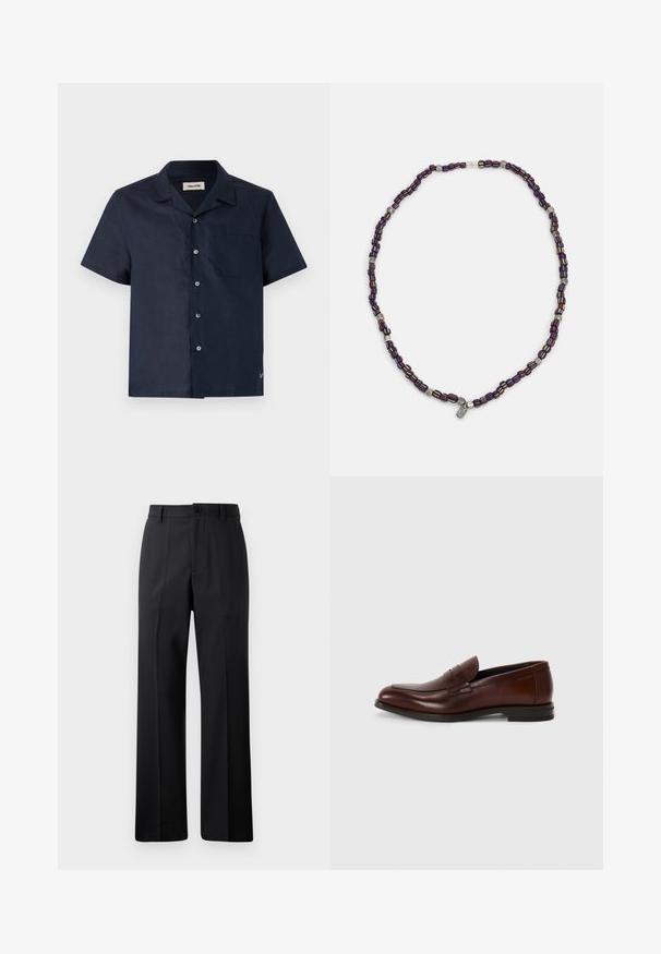 Κοντομάνικο πουκάμισο από σκούρο ναυτικό ύφασμα, με γιακά, έξι κουμπιά, τσέπη στο στήθος και μια μικρή λεπτομέρεια με λογότυπο στο στρίφωμα.; Μαύρο παντελόνι ίσιας γραμμής με ζώνη, μπροστινό κουμπί και φερμουάρ, εκτεθειμένο σε απλή λευκή φόντο.; Καφέ δερμάτινα μοκασίνια με στρογγυλή μύτη, λεπτομέρεια μπροστινής ζώνης και χαμηλό στοίβαγμα τακούνι. Λείος υφή με ελάχιστους διακοσμητικούς ακρογωνιαίους.; Πολύχρωμο κολιέ με χάντρες σε σκούρο μπλε, κόκκινο και κίτρινο, διακοσμημένο με ασημί λεπτομέρειες και ένα κρεμαστό γούρι.