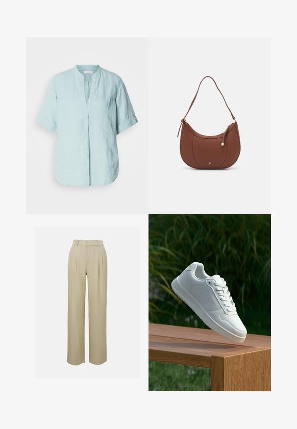 Vaaleansininen pellavapaita, jossa on pystykaulus, lyhyet rullatut hihat, etuosan taitospesä ja rento istuvuus. Sujuva rakenne.; Beige leveleet housut valmistettu sileästä kankaasta, joissa on etupleatit, muotoiltu vyötärö ja sivutaskut. Siisti helman viimeistely.; Valkoiset tennarit, joissa on sileä synteettinen päällinen, rei'itetty varvasosa, litteät nauhat ja teksturoitu pohja, esillä puupinnalla.; Ruskea keinonahkainen olkalaukku, jossa on kaareva muoto, minimaalinen ompelu ja kultasävyinen varuste. Varustettu ylhäältä avautuvalla vetoketjullisella suljennalla ja säädettävällä hihnalla.