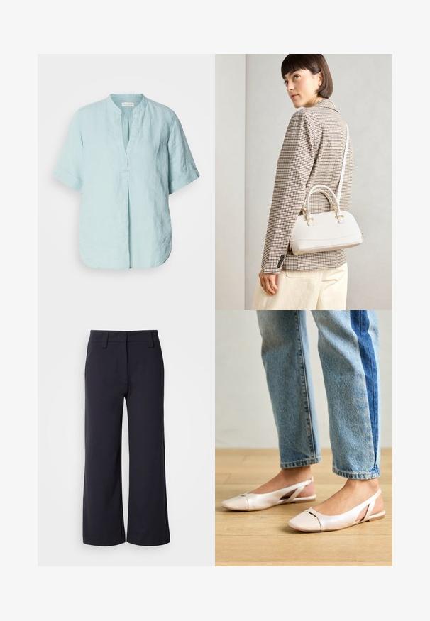 Camisa de linho azul claro com gola alta, mangas curtas dobradas, detalhe de pregas na frente e um corte descontraído. Textura suave.; Calças largas de tecido azul marinho escuro. Apresentam uma frente lisa, passantes para cinto e bolsos laterais. O material é suave com um ligeiro alongamento.; Sapatilhas slingback de cor rosa pálido com bico fino, feitas de um material semelhante a couro liso. Apresentam detalhes recortados nas laterais e um salto plano.; Bolsa estruturada branca com alças curtas e uma alça de ombro, com detalhes em hardware dourado e material texturizado, exibida contra um fundo cinza.