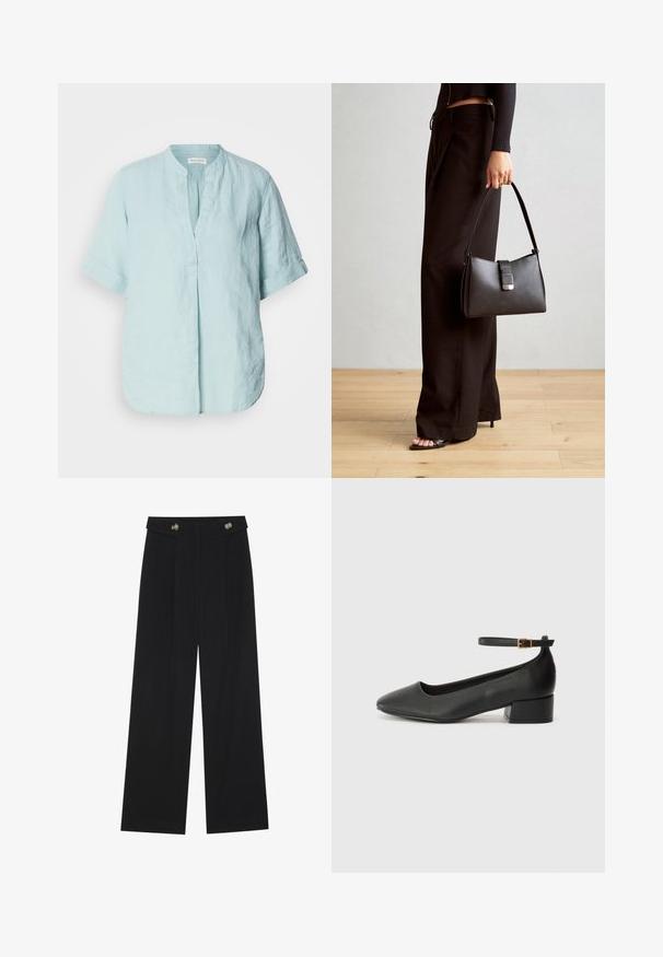 Cămașă din in bleu deschis cu guler în picioare, mâneci scurte rulante, detaliu cu pliu în față și o croială lejeră. Textură fină.; Pantaloni negri cu picioare largi, talie înaltă, detalii cu butoane pe talie și pliseuri în față.; Pantof cu toc negru din piele, cu vârf ascuțit și toc mic pătrat. Dispune de o curea la gleznă cu o cataramă în tonuri de aur. Textură netedă.; Genți negre cu o formă structurată, textură netedă și un închizător metalic. Asortată cu pantaloni negri largi și sandale cu vârf deschis pe un podea din lemn.