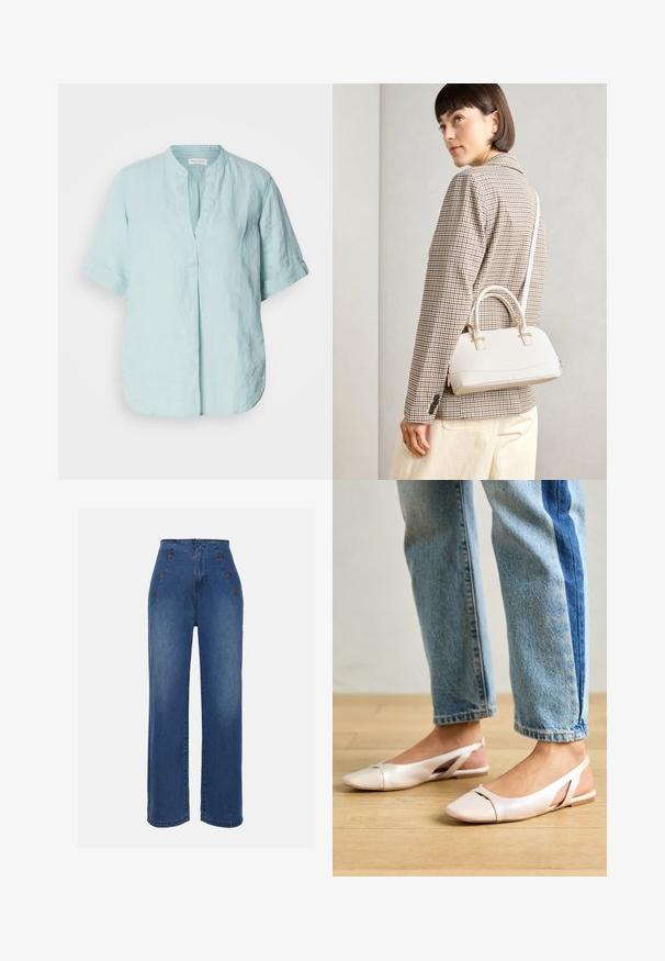 Svijetloplava lanena košulja s uspravnim izrezom, kratkim prebačenim rukavima, detaljem prednjeg nabora i opuštenim krojem. Glatka tekstura.; Traperice visokog struka u srednje plavoj boji. Imaju detalje s prednjim dugmadi i široki kroj. Tkanina ima glatku teksturu s blagim izblijedjenjem.; Svijetlo ružičaste slingback balerinke s šiljastim vrhom, izrađene od glatkog materijala nalik koži. Sadrže izrezane detalje sa strane i ravnu petu.; Bijela strukturna torba s kratkim ručkama i remenom za rame, s zlatnim metalnim detaljima i teksturiranim materijalom, prikazana na sivoj pozadini.