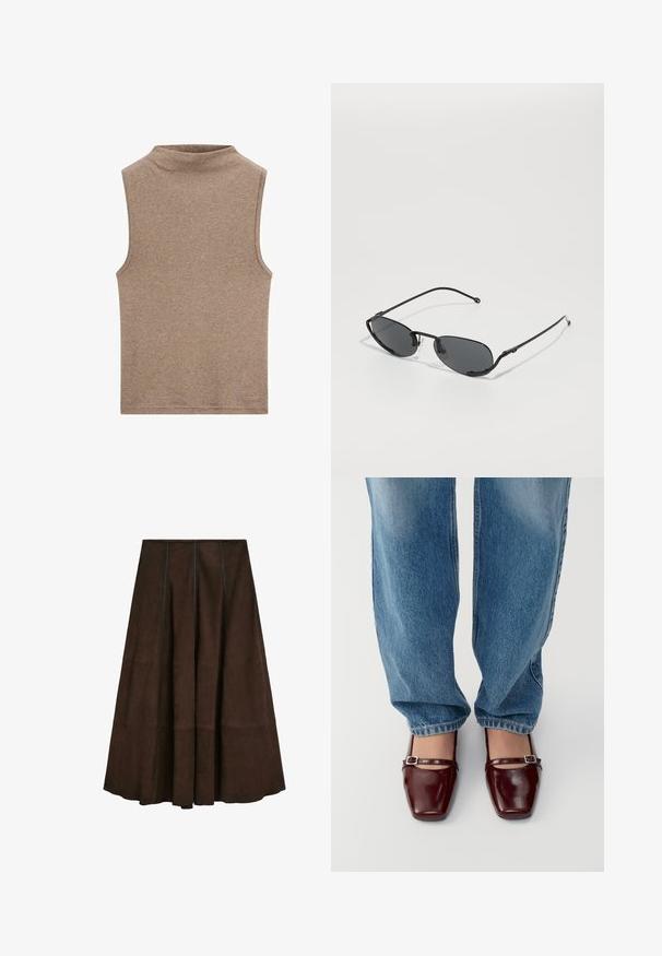 Ärmelloses braunes Oberteil mit Stehkragen, hergestellt aus einem weichen Stoff, der eine glatte Textur und ein schlichtes Design ohne zusätzliche Muster oder Akzente aufweist.; Braune Wildledermidi mit einem ausgestellten Design und vertikalen Nahtdetails, die eine glatte Textur und einen breiten Saum aufweist.; Burgunderfarbene Lacklederschuhe mit quadratischer Zehenform und Knöchelriemen, kombiniert mit hellblauen, locker sitzenden Jeans. Die Schuhe haben eine glänzende Oberfläche.; Schwarze Sonnenbrille mit schmalen ovalen Gläsern, dünnen Metallrahmen und verstellbaren Nasenpads. Verfügt über ein elegantes, minimalistisches Design.; Leopardenmuster-Schal in Braun- und Beigetönen, aus gewebtem Material, rechteckige Form, mit einer weichen Textur und fransigen Kanten.