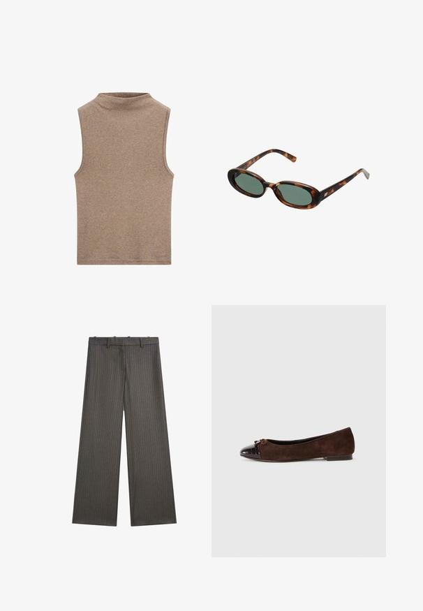 Beżowa bluzka bez rękawów z wysokim kołnierzem, wykonana z miękkiego materiału, charakteryzująca się gładką teksturą i prostym wzornictwem bez dodatkowych wzorów czy akcentów.; Spodnie o szerokich nogawkach w ciemnoszarym kolorze, z subtelnym wzorem w prążki. Wykonane z gładkiego materiału, z płaskim przodem i szlufkami na pasek.; Brązowe zamszowe balleriny z błyszczącą ciemnobrązową skórzaną czubkiem oraz małą kokardką z przodu. Płaski obcas.; Okulary przeciwsłoneczne w kolorze tortoise z owalnymi oprawkami i zielonymi soczewkami. Posiadają cienkie zauszniki z metalowym akcentem przy zawiasach.; Torba na ramię z ciemnobrązowej skóry z cienkimi podwójnymi uchwytami i srebrnym prostokątnym klamrą na przednim pasku.