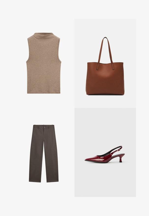 Sleeveless brown mock neck top made of soft fabric, featuring a smooth texture and a simple design without additional patterns or accents.; Wide-leg trousers in dark brown fabric. Features a button closure, two front pockets, and a smooth texture with clean seams.; Burgundy patent leather slingback heels with a pointed toe and a sleek stiletto heel. Open back design with adjustable ankle strap detail.; Brown leather tote bag with a smooth texture, open top design, and two shoulder straps. Features minimal stitching and no visible hardware.