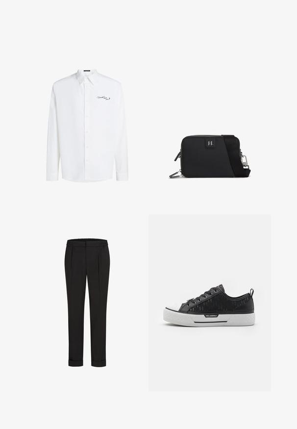 Camicia bianca a maniche lunghe con bottoni, realizzata in cotone, dotata di colletto a punte e logo ricamato nero sul lato sinistro del petto. Texture liscia.; Pantaloni neri con una vita elastica, caratterizzati da un design a gamba dritta e orli arrotolati. Realizzati in tessuto liscio e tessuto senza motivi.; Sneaker nera a taglio basso con tomaia in tela con motivo, punta in gomma bianca, suola texturizzata e accento logo sul lato. Occhielli in metallo per i lacci.; Borsa rettangolare nera realizzata in materiale testurizzato, dotata di chiusura con zip, tracolla regolabile e patch con logo sul davanti.