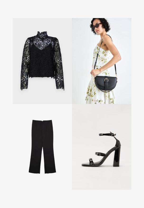 Črna čipkasta bluza z dolgimi rokavi in okoličnikom. Opremljena je z zapletenimi cvetličnimi vzorci, prosojnim dizajnom in valovitim robom, ki poudarja teksturo in detajle.; Črne hlače ravnega kroja z naglavnimi žepi in stranskimi razporki na robu. Narejene iz mehke, gladke tkanine. Primerne za različne priložnosti.; Črne lakirane sandale s peto, kvadratnim prstom, trakovi okrog gležnja in srebrnimi zaponkami. Opremljene so s stabilno Debelo peto.; Črna usnjena torbica s ukrivljeno obliko, z odstranljivo naramnico in zlatimi dodatki. Torbica ima pokrov s podrobnostmi v obliki zaponke.