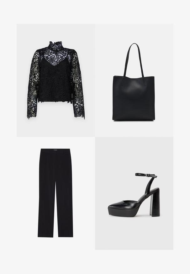 Svart blonde topp med lange ermer og høy krage. Har intrikate blomsterdesign, gjennomsiktig stil og bølget kant som fremhever tekstur og detaljer.; Sorte kordfløyelsbukser med rett snitt, med flat midje og ingen synlige lommer, glatt tekstur og vertikal ribbestruktur.; Sorte plattformhelter med spiss tå og justerbar ankelrem. Laget av glatt lær, med en robust blokkhel.; Svart lær tote bag med glatt tekstur, rektangulær form og to lange håndtak. Ingen synlige deler eller dekorasjoner.