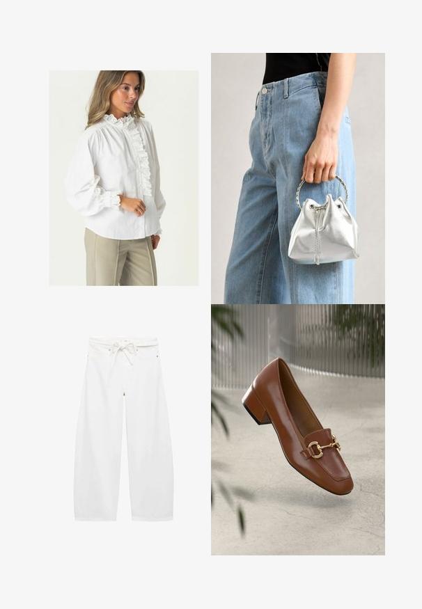 Bluză albă din bumbac cu un guler înalt cu volane, închidere frontală cu nasturi și dantelă la manșete. Mânici lungi și textură moale, netedă.; Pantaloni largi albi dintr-un material ușor, cu talie cu șnur, două buzunare frontale și accente simple din metal.; Mocasini din piele patent cafenie, cu vârf pătrat, accent cu lanț metalic și toc mic; textură netedă, design minimalist.; Geantă tip bucket metalică argintie, cu un finisaj texturat, decorată cu o mânere rotundă argintie și închidere cu șnur, ținută lângă blugi albaștri deschiși.