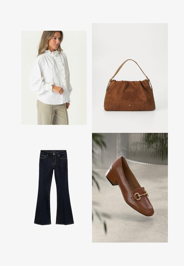 Bela bombažna bluza z visokim volančkom, sprednjim zapiranjem na gumbe in čipkastim obrobljanjem na manšetah. Dolgi rokavi in mehka, gladka tekstura.; Temno modri kavbojke z višjim pasom, sprednjimi žepi in širokimi boki, prikazane na ravni beli podlagi.; Rjavi lakirani loafer z kvadratnim nosom, kovinsko verigo kot okrasom in nizko blok podplatom; gladka tekstura, minimalističen dizajn.; Rjava nubukova torbica z nabranim dizajnom, ki ima en sam tanek usnjen ročaj in subtilno zlate podrobnosti s logotipom na sprednji strani.