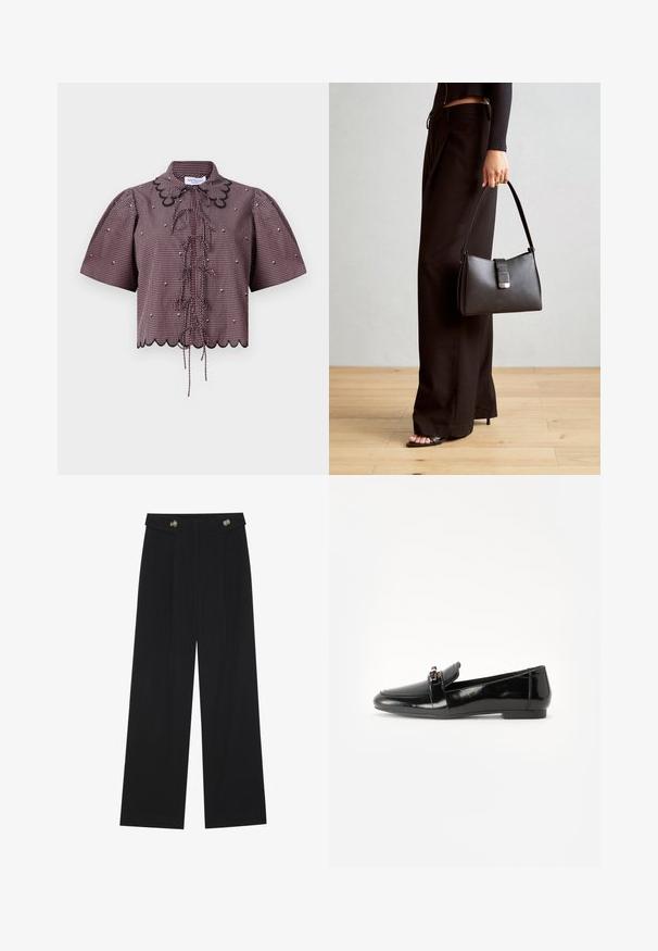 Korte topp i rød og svart rutete stoff, med puffermer, bølgekant, frontstrikk og svart blonderdetalj rundt kragen.; Svart vide bukser med høy midje, knappdetaljer på midjebåndet og frontplisser.; Svart lakkert lærloafer med flat såle, rund tå og en dekorativ rem med gulltonet akzent. Glatt, blank overflate.; Svart håndveske med strukturert form, jevn tekstur og metallisk lås. Kombinert med brede svarte bukser og sandaler med åpen tå på tregulv.
