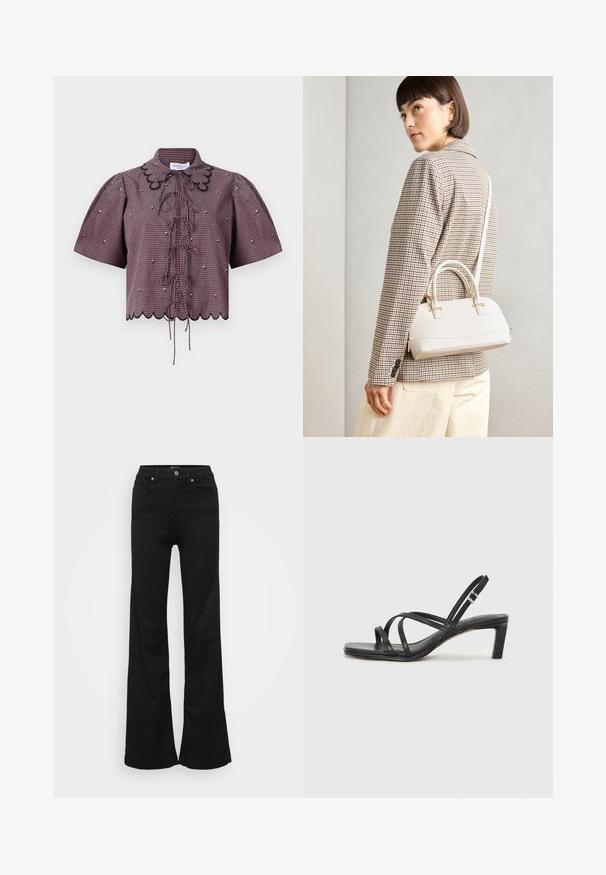 Crop top in rood en zwart geruit stof, met pofmouwen, gegolfde zoom, voorknoopjes en zwarte kantdetails rond de kraag.; Zwarte wijde jeans gemaakt van denim, met een hoge taille, vijf zakken en een metalen knoopsluiting. Gladde textuur met minimale detailing.; Zwarte sandaal met bandjes, vierkante teen en een lage blokhak. Voorzien van meerdere dunne bandjes en een verstelbare enkelband. Gemaakt van zacht leer.; Witte gestructureerde handtas met korte handvatten en een schouderband, voorzien van gouden hardwareaccenten en een textuurmateriaal, tentoongesteld tegen een grijze achtergrond.