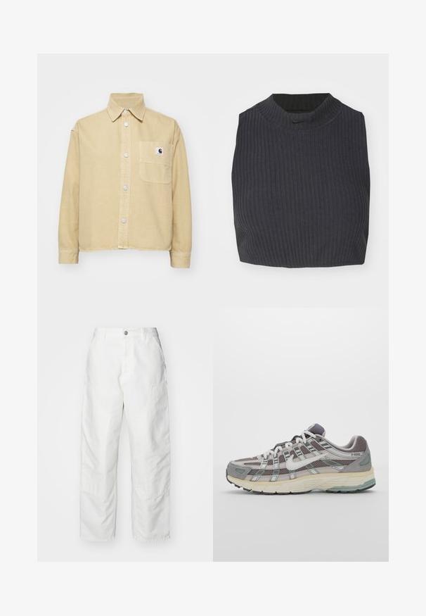 Carhartt WIP GEORGIA - Button-down blouse - bourbon; Cropped ribbed top in dark navy, featuring a high neckline and a subtle Nike logo. The fabric has a textured, stretchy appearance.; White cargo pants made of denim, featuring a relaxed fit, side pockets, and visible stitching details. Plain front with a button closure.; Gray athletic shoe featuring a mesh and suede upper, white accents, a cushioned sole, and a distinctive design with reflective elements.