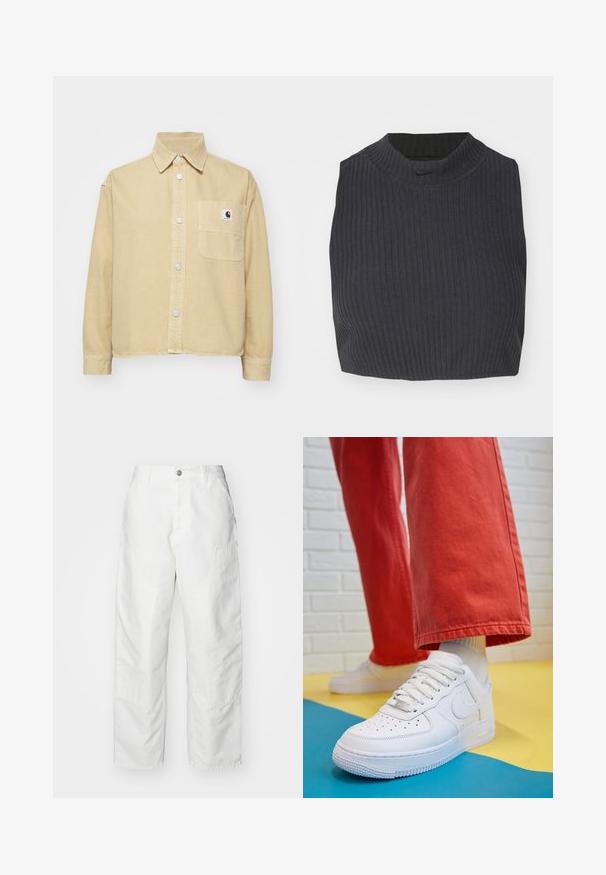 Carhartt WIP GEORGIA - Gombos blúz - bourbon; Sötét navy színű, cropped bordázott felső, magas nyakkal és diszkrét Nike logóval. Az anyag texturált, rugalmas megjelenésű.; Fehér kantáros nadrág denim anyagból, laza szabással, oldalsó zsebekkel és látható varrási részletekkel. Egyszerű elülső rész gombos záródással.; Fehér bőr edzőcipő perforált orral, texturált talppal és fehér fűzővel, széles vörös nadrággal párosítva, kék és sárga háttérrel.