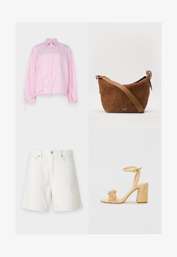 Rozā un baltas svītras ar pogām aprīkota krekls ar brīvu piegriezumu, elastīgām aprocēm un savelkamu apakšmalu. Iekļauj krūšu kabatu un izšuvumu.; Balti denima šorti ar taisnu piegriezumu, piecu kabatu dizainu, priekšējo pogu aizdari, sudraba detaļām un izšūtiem apdarēm.; Bēšas augstpapēžu sandaļi ar pītas faktūras dizainu, kas ietver dekoratīvu ziedu un potītes siksnu. Kvadrātveida papēdis nodrošina stabilitāti.; Brūns zamšs plecu soma ar iegravētu ziedu dizainu, papildināta ar gludu brūnu ādas siksnu un zelta toņa detaļām.