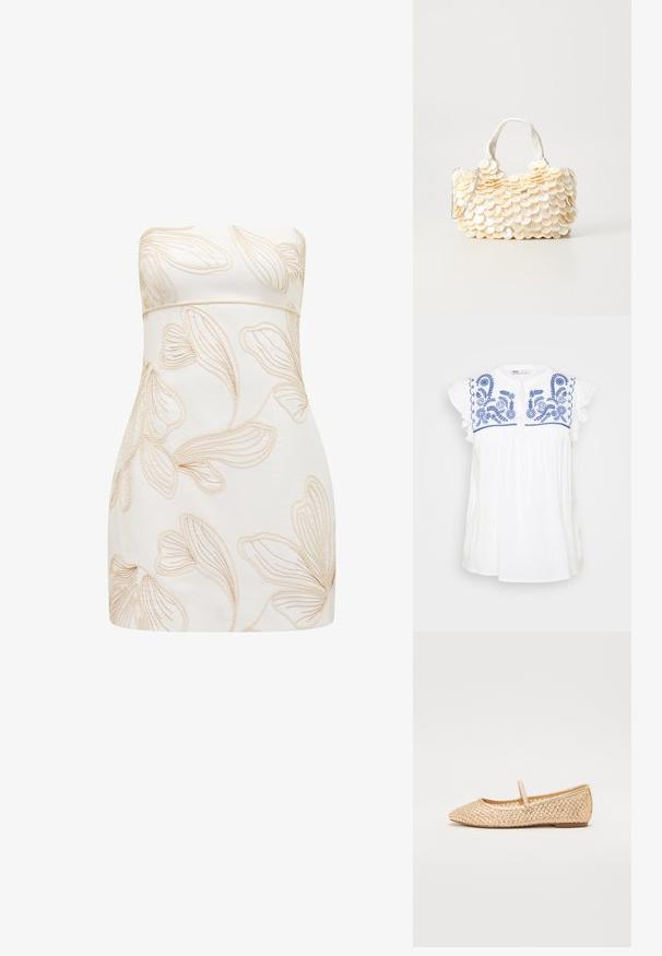 Blusa di cotone bianca con ricami floreali blu e maniche arricciate. Presenta un colletto rotondo e una vestibilità ampia.; Abito senza spalline color crema con motivi floreali a rilievo in beige chiaro. Design aderente, texture liscia, taglio a lunghezza ginocchio e senza chiusure visibili.; Ballerine in oro intrecciate con punta appuntita, suola piatta e una fascia sopra il piede. Presentano motivi testurizzati sul materiale superiore.; Pochette bianca con decorazioni testurizzate a forma di conchiglia scallop. Presenta un manico intrecciato e una tracolla in catena argentata per maggiore versatilità.