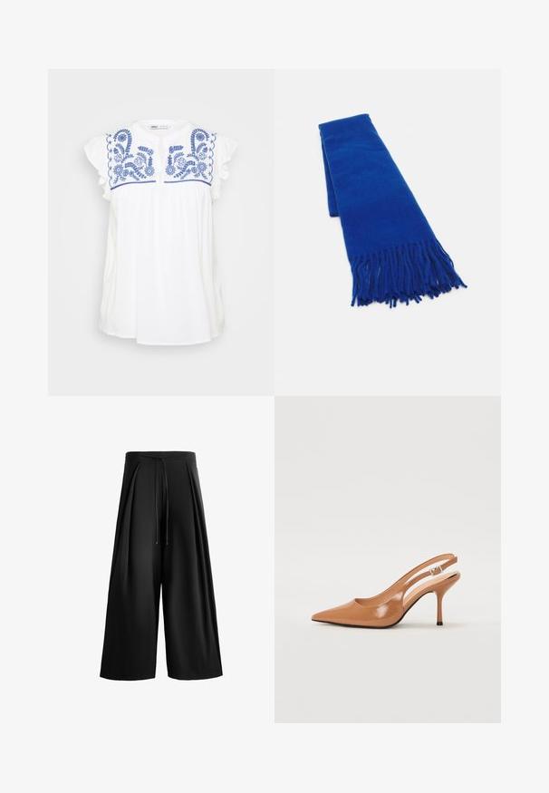Weiße Baumwollbluse mit blauer Blumenstickerei und Rüschensäumen. Hat einen runden Ausschnitt und einen lockeren Schnitt.; Schwarze weite Hosen aus glattem Stoff, mit einem elastischen Bund und plissierten Vorderteilen für zusätzliche Struktur und Volumen.; Spitz zulaufender Slingback-Absatz aus einem glatten, glänzenden, tanfarbenen Material. Mit einem geschwungenen Ausschnitt-Design und einem schlanken Stiletto-Absatz. Silberne Schnallendetails.; Blauer gewebter Schal mit fransigen Enden, glatter Textur, rechteckiger Form und einheitlicher Farbe. Geeignet für kaltes Wetter.
