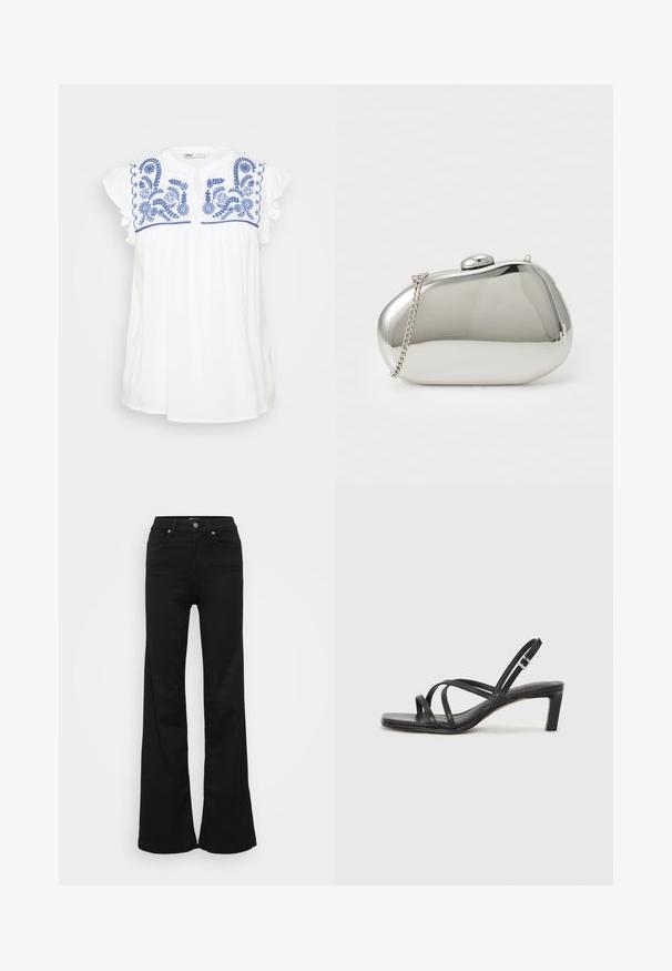 Blusa di cotone bianca con ricami floreali blu e maniche arricciate. Presenta un colletto rotondo e una vestibilità ampia.; Jeans neri a zampa d'elefante realizzati in denim, con vita alta, cinque tasche e chiusura con bottone metallico. Texture liscia con dettagli minimi.; Sandalo nero con cinturini, dalla punta squadrata e tacco basso a blocco. Presenta diversi cinturini sottili e una cinturini regolabile alla caviglia. Realizzato in pelle liscia.; Borsa a tracolla in metallo argentato con forma arrotondata e liscia. Presenta una chiusura a gancio e una tracolla removibile. Superficie riflettente senza motivi.