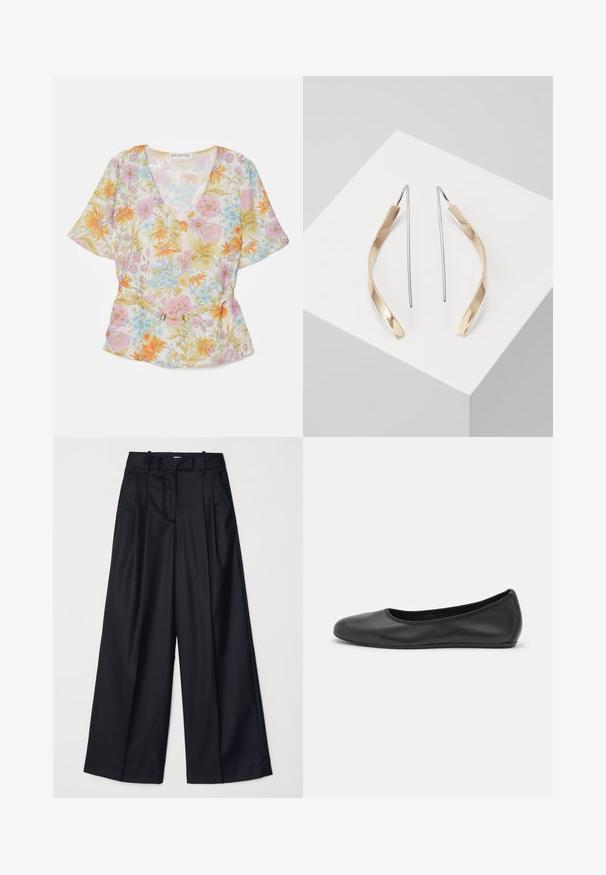Floral blouse in sheer fabric, features a V-neck, short sleeves, and light pastel colors with orange, pink, and blue floral patterns and a gold accent.; Black wide-leg trousers made of smooth fabric, featuring a high waist, pleats, and a tailored design. Simple black hardware at the waist.; Black leather ballet flat with a rounded toe, smooth texture, minimal stitching detail, and a flexible sole design.; Gold and silver drop earrings with a curved, elongated shape. Glossy finish with a smooth texture and minimalist design.