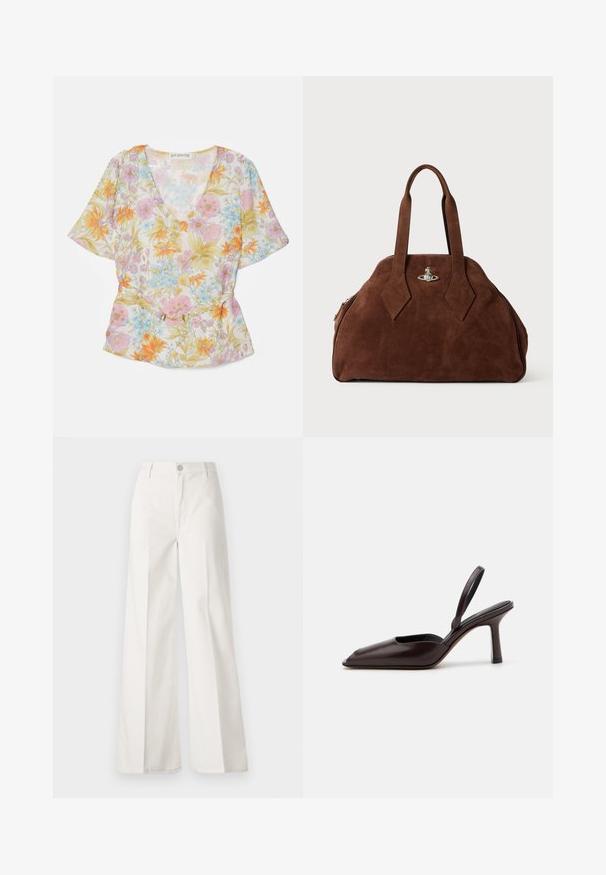 Bloem blouse in een doorschijnende stof, heeft een V-hals, korte mouwen en lichte pastelkleuren met oranje, roze en blauwe bloemmotieven en een gouden accent.; Witte wijde-broek gemaakt van katoen met een gladde textuur. Voorzien van een knoop aan de voorkant, ritsopening en vierzakkenontwerp.; Bruine lakschoenen met slingback en een spitse neus, naast een slanke, hoge hak. Het ontwerp is slank en heeft een gladde oppervlakte-textuur.; Bruine suède handtas met een gestructureerde vorm, ronde body en verlengde ruitvormige handvatten. Voorzien van een sluiting met zilveren hardware.