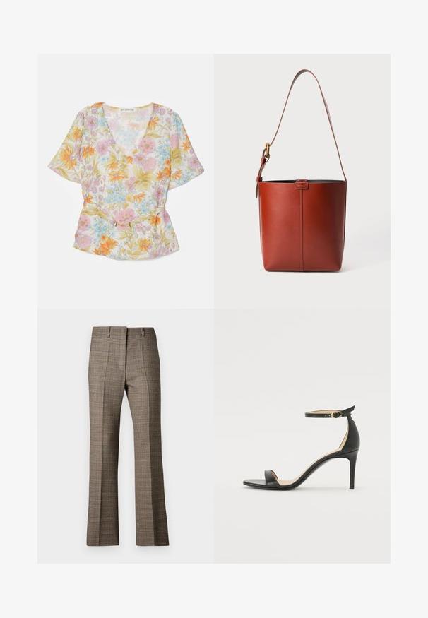 Bloem blouse in een doorschijnende stof, heeft een V-hals, korte mouwen en lichte pastelkleuren met oranje, roze en blauwe bloemmotieven en een gouden accent.; Bruine geruite broek met een rechte pijp, uitgerust met een gestructureerde stof en subtiele kleuren van beige en donkerbruin door het patroon.; Zwarte leren hoge hak sandaal met enkelbandje. Heeft een gladde textuur, open teen en een dunne hak. Gouden gesp detail.; Bruine lederen emmerzak met verstelbare schouderband en gouden gesp, eenvoudige verticale naaddetails aan de voorkant.