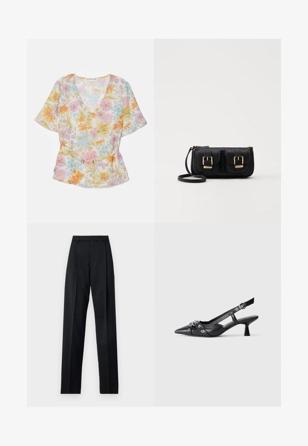 Blusa floral de tejido transparente, con cuello en V, mangas cortas y colores pasteles suaves con estampados florales en naranja, rosa y azul, además de un acento dorado.; Pantalones negros de tela suave con cintura alta, piernas amplias, pliegues frontales y lazos de cinturón clásicos. No hay bolsillos laterales visibles.; Zapato de slingback negro de piel con punta afilada, correas decorativas con ojales de metal y un tacón bajo y ancho. Superficie texturizada.; Bolso cruzado de cuero negro con dos bolsillos frontales, hebillas doradas, cierre de cremallera y una correa delgada. Superficie texturizada y forma rectangular compacta.