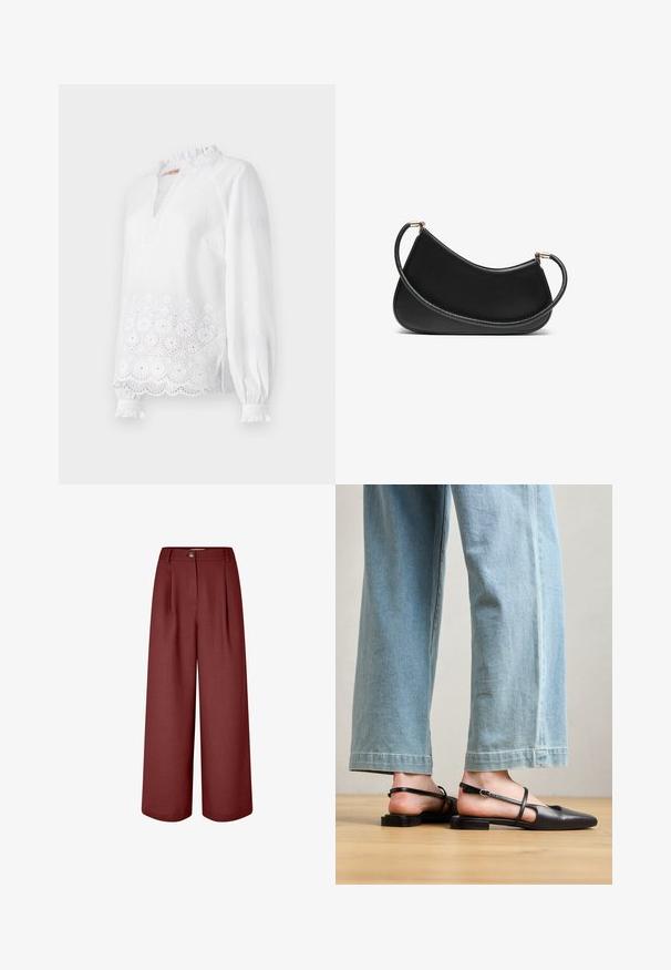 Bílá halenka s dlouhým rukávem s volánkovým stojáčkem, vyšívaným květinovým vzorem na lemu a jemnými texturovanými tečkami po celém povrchu.; Kalhoty s širokými nohavicemi v bohaté burgundské barvě, vyrobené z hladké látky. Mají pasový lem, přední sklady a jednobodové zapínání.; Černé kožené boty na klínku s špičatou špičkou, plochým podpatkem a páskem kolem kotníku; nošeny s světle modrými širokými kalhotami.; Černá kožená kabelka přes rameno s zakřiveným designem, se strukturovaným popruhem a zlatým kováním na horním uzávěru. Hladký povrch.; Sada náušnic ve zlatém tónu s různými designy, včetně pecek, kruhů a visacích kousků s perlami a rhinestony.