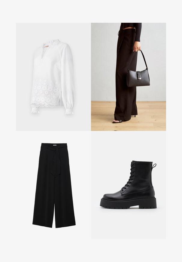 Blusa branca de manga longa com um colarinho mock rufado, desenho floral bordado na bainha e pontos texturizados subtis por todo o tecido.; Calças largas pretas com um tecido texturizado, uma cintura elástica e um laço destacável na cintura para um ajuste ajustável.; Botas de couro pretas até ao tornozelo, com bico redondo, atacador na frente e uma sola de borracha espessa com um padrão texturizado. Alça na parte de trás.; Bolsa preta com forma estruturada, textura suave e um fecho metálico. Combinada com calças largas pretas e sandálias de salto aberto sobre um chão de madeira.