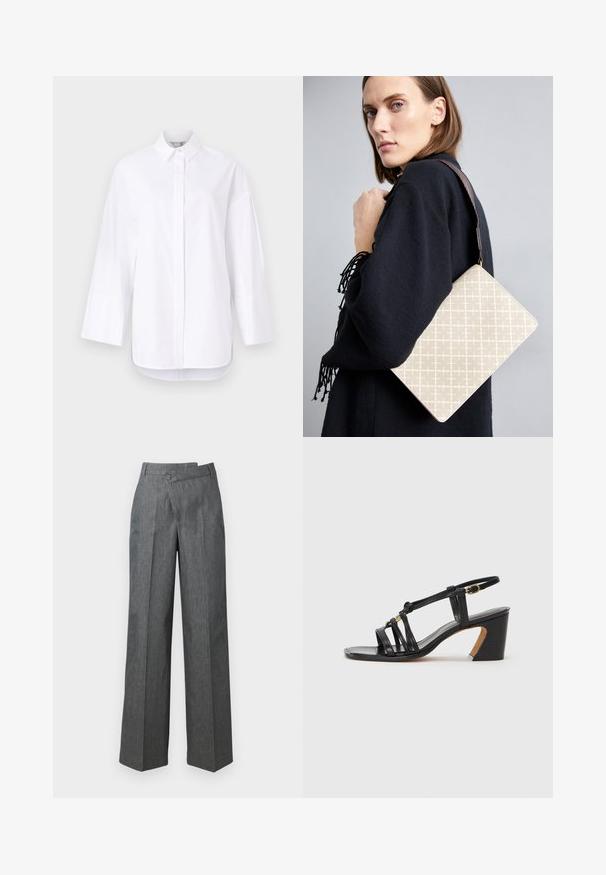 Λευκή πουκάμισο με κουμπιά, κατασκευασμένο από λείο βαμβάκι, διαθέτοντας κλασικό γιακά, μακριά μανίκια με μανσέτες και ευθύ στρίφωμα με πλαινές σχισμές.; Φαρδιά παντελόνια σε σκούρο γκρι ύφασμα, με ψηλή μέση, εμπρός πιέτες και κλείσιμο με ένα κουμπί στο πλάι.; Paul Smith AMIRA - Κλασικές γόβες - black; Μπεζ διακοσμητική τσάντα ώμου με δομημένο σχήμα, διαθέτει καφέ υφή στον ιμάντα. Φορεμένη από μοντέλο σε γκρίζο φόντο.