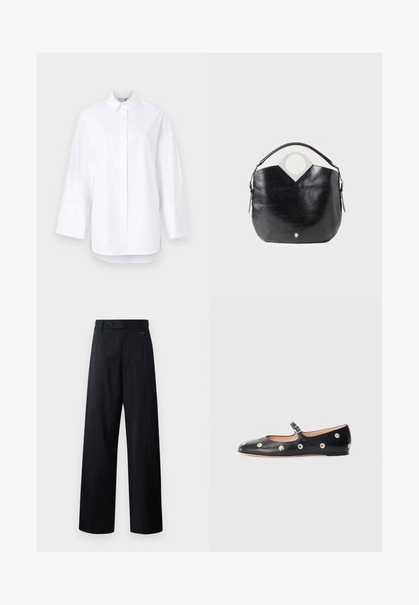 White button-up shirt made of smooth cotton, featuring a classic collar, long sleeves with cuffs, and a straight hem with side slits.; Wide-leg trousers in dark navy, featuring a button closure, front pleats, and smooth fabric with a clean, tailored design.; Black leather Mary Jane flat shoe with a rounded toe, featuring silver circular studs and an adjustable strap with a buckle.; Black leather bag with a curved shape, circular top handle, and silver logo detail. Smooth texture and notable cut-out design feature.