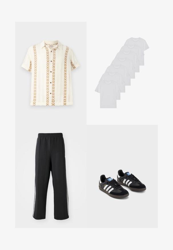 Lyhythihainen, napilla varustettu paita beigen ja kerman väreissä, jossa on kudottuja kuvioita ja teksturoitua kangasta. Monivärinen raidallinen muotoilu etuosassa.; Valkoiset puuvillapaidat, lyhyet hihat, pyöreä kaula-aukko, yksinkertainen pinta, pinottuina riviin, jossa on hienoinen brändäys kaula-aukossa.; Mustat hupparit, joissa on joustava vyötärö, valkoisilla sivuraidoilla ja rento istuvuus. Valmistettu pehmeästä, venyvästä kankaasta.; Mustat lenkkarit, joissa on mokkanahka- ja synteettinen päällinen, kolmella valkoisella raidalla, tekstuurilla varustettu kumipohja ja sininen logo-etiketti kielellä.