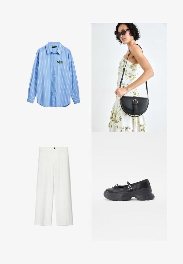 Hellblaues Button-up Hemd mit weißen vertikalen Streifen, langen Ärmeln und einem entspannten Schnitt. Verfügt über ein gesticktes Blumendesign auf der Brust.; Weiße, weite Hosen mit glatter Textur, ausgestattet mit einem vorderen Knopfverschluss und Gürtelschlaufen, gefertigt für eine lockere Passform.; Schwarze Leder-Mary-Jane-Schuhe mit einer abgerundeten Zehenpartie, Schleifendetail und verstellbarem Knöchelriemen. Mit einer stabilen Gummisohle mit geschwungenen Akzenten.; Schwarze Lederhandtasche mit geschwungener Form, abnehmbarem Tragegurt und goldenen Beschlägen. Die Tasche verfügt über einen Deckel mit einer Schnallen-Details.