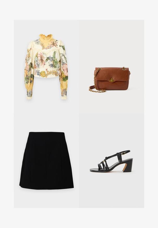 Alemais OLEANDER - Blūze - multi coloured; Melnā mini svārku svārku ar strukturētu siluetu, ar priekšējām šuvēm un sānu kabatām, izgatavots no gluda, viegla auduma.; Paul Smith AMIRA - Klasiski papēži - black; Brūns ādas crossbody soma ar vāku slēgšanu, zelta aparatūru un ķēdes siksnu. Gluda tekstūra, taisnstūra forma, minimāla detaļu klātbūtne.