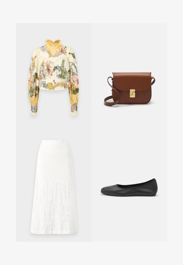 Alemais - Bluzka; Dzianinowa biała spódnica midi z fakturowanym wzorem w pionowe linie oraz wycięciami przy dolnej krawędzi. Elastyczny pas. Miękki materiał.; Czarne skórzane baletki z zaokrąglonym noskiem, gładką fakturą, minimalnymi przeszyciami i elastycznym designem podeszwy.; Brązowa skórzana torebka na ramię z klapką, złotymi detalami, paskiem na ramię i gładką teksturą. Kompaktowy prostokątny kształt.