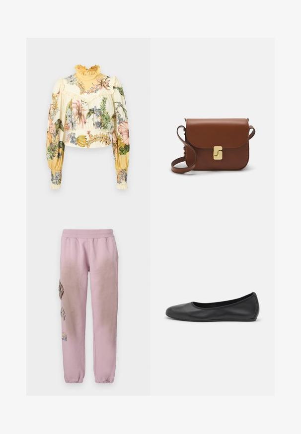 Alemais OLEANDER - Bluse - multi coloured; Hvid kortærmet t-shirt lavet af ribbet stof. Rund halsudskæring, almindelig pasform og subtile syninger. Ingen mønstre eller grafik.; Lyserøde sweatpants med elastisk talje, prydet med dekorative patches i diamantform på venstre side og elastiske manchetter ved anklerne.; Sort læderballetsko med rund tå, glat tekstur, minimal syning og et fleksibelt såldesign.; Brun læder håndtaske med flaplukning, hardware i gyldent tone, en skulderrem og en glat overflade. Kompakt rektangulær form.