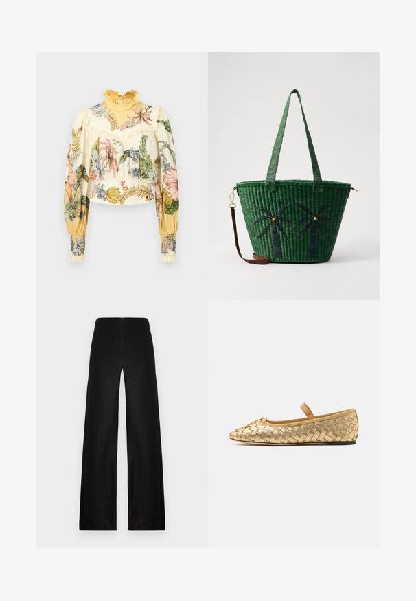 Alemais OLEANDER - Bluse - multi coloured; Sorte viddebukser lavet af letvægtsstof. Har en høj talje, glat tekstur og rene linjer uden lommer eller udsmykninger.; Loeffler Randall LEONIE SOFT BALLET FLAT - Ballerinasko m/ rem - gold; Grøn vævet tote taske med palmetræ designs i mørkere grøn; har to håndtag og en aftagelig brun læderrem.