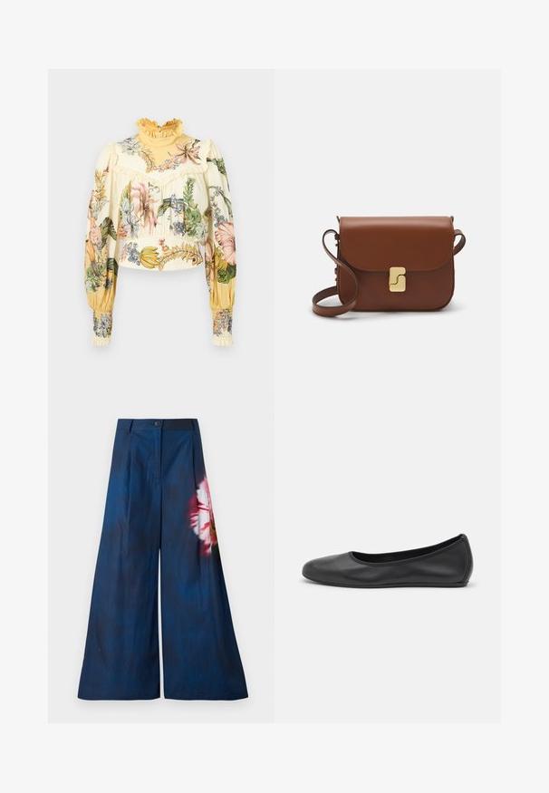 Alemais OLEANDER - Bluse - multi coloured; Breddebenede bukser i mørk marineblå stof, med et blomsterprint i pink og gul på den ene side, samt en knaplukning ved taljen.; Sort læderballetsko med rund tå, glat tekstur, minimal syning og et fleksibelt såldesign.; Brun læder håndtaske med flaplukning, hardware i gyldent tone, en skulderrem og en glat overflade. Kompakt rektangulær form.