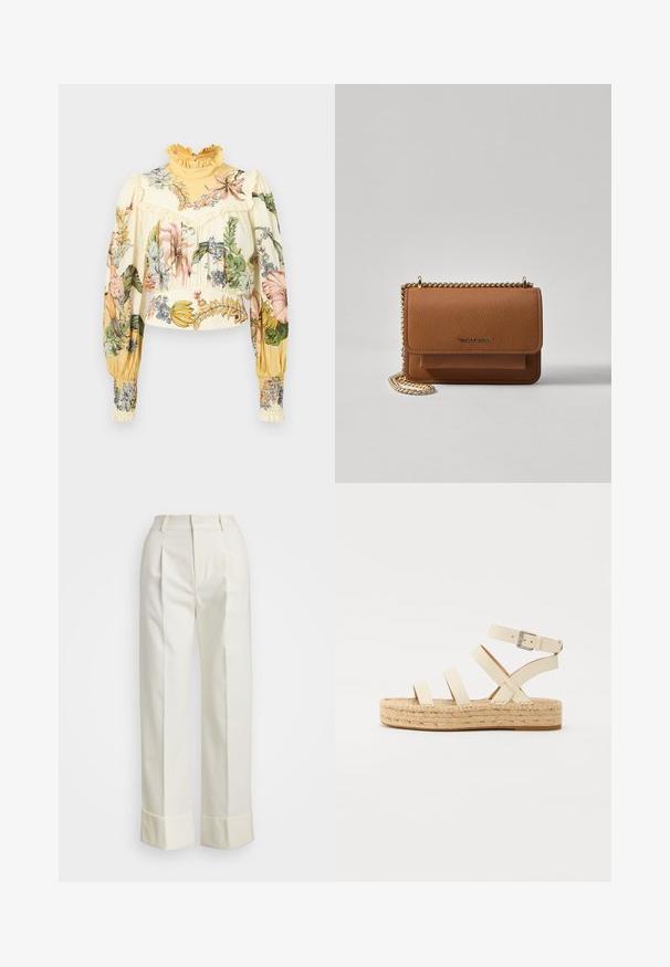 Alemais OLEANDER - Palaidinė - multi coloured; Baltos pritaikytos kelnės su aukštu liemeniu, dvigubomis priekinėmis raukšlėmis ir plačiomis kojomis su sulenktais kraštais. Pagamintos iš glotnaus, tekstūruoto audinio.; Šviesiai smėlinės odos espadrilės sandalai su keturiais kryžminiais dirželiais ir užsegimu ant kulkšnies, turintys supintą jutos platformos padą ir plokščią guminiu dugnu.; Ruda tekstūruota odinė per petį nešama rankinė su auksiniu grandininiu dirželiu ir užlenkiamo užsegimo. Priekinėje pusėje yra logotipo detalė ir kišenė po užlenkimu.