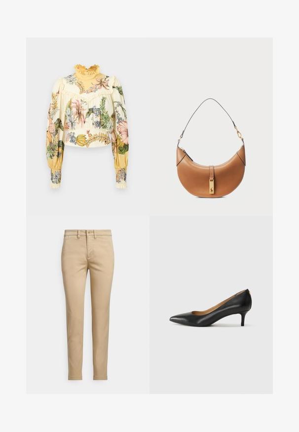 Alemais OLEANDER - Palaidinė - multi coloured; Smėlio spalvos medvilninės chino kelnės su tiesia forma, turinčios sagos užsegimą, priekinėse kišenėse ir siūlių siuvinėjimo detales.; Juodos odinės aukštakulnės bateliai su smailiu nosiu, žemu kulnu ir lygiu paviršiumi. Priekyje yra nedidelis atvirumas, o gale minimalus apdaila.; Šviesiai rudos odos rankinė su kreiva forma, auksiniais aksesuarais ir plonu petiniu diržu. Yra užtrauktuko uždarymas ir logotipo detalė priekyje.