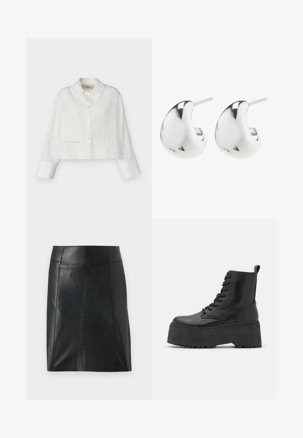 Afskåret hvid linnedskjorte med spidse krave, brystlomme og knaplukninger. Lange ærmer med kontrasterende manchetdetaljer.; Sort lædernederdel med en tætsiddende pasform. Glat tekstur, sømme der fremhæver formen, og en lige kant. Minimalistisk og strømlinet udseende.; Sorte ankelstøvler med en kraftig platformssål, lavet af glat læder, med snørebåndsdesign og en træktab bagpå.; Sølv stud øreringe med et glat, buet design. De har en poleret overflade og en stift, der sikrer sikker bæring.
