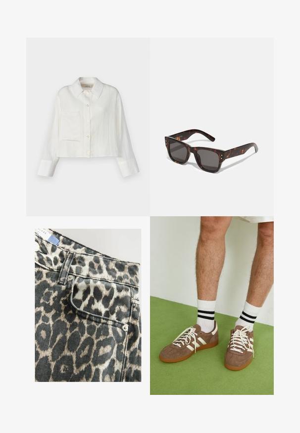 Krótka biała lniana koszula z ostrym kołnierzykiem, kieszenią z przodu i zapięciem na guziki. Długie rękawy z kontrastującymi detalami przy mankietach.; Szorty dżinsowe w wzór panterki z wyraźnie zaznaczoną talią, przednią kieszenią, w kolorystyce czarno-beżowej, wykończone srebrnymi guzikami.; Brązowe zamszowe sneakersy z białymi akcentami i sznurówkami. Gumowa, brązowa podeszwa. Noszone z białymi skarpetkami w czarne paski. Zielona teksturowana podłoga.; Słoneczne okulary w kolorze tortoishell z ciemnymi soczewkami, kwadratową oprawą i srebrnymi akcentami na przodzie. Wykonane z plastiku, lekkie i trwałe.; Brązowa torebka skórzana pleciona o luźnym, trójkątnym kształcie. Posiada pleciony uchwyt i zamek błyskawiczny na górze.