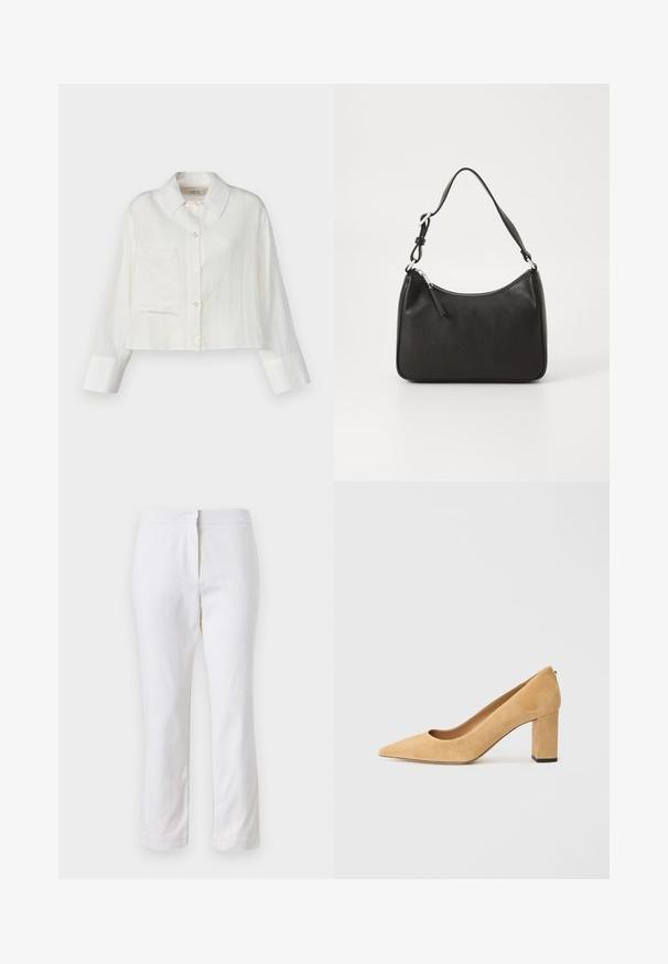 Cropped white linen shirt with a pointed collar, front pocket, and button closures. Long sleeves with contrasting cuff detail.; White cotton pants with a straight leg design, featuring a mid-rise waist and no visible hardware or patterns. Smooth texture throughout.; Beige suede high-heeled pump with a pointed toe and a chunky block heel. The material has a soft texture with a smooth finish.; Black leather handbag with a curved shape, a single strap, zip closure, and subtle branding on the front. Smooth texture, minimalist design.