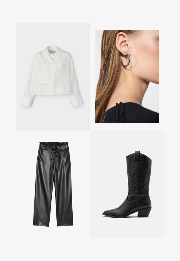 Camicia di lino bianca tagliata, con colletto a punta, taschino frontale e chiusure a bottoni. Maniche lunghe con dettaglio a contrasto ai polsini.; Pantaloni wide-leg neri in pelle sintetica con elastico in vita arricciato e cintura staccabile. Texture liscia e finitura minimale.; Stivale da cowboy in pelle nera con punta affusolata, motivi ondulati in rilievo e tacco di altezza media. Dotato di un pratico passante per indossarlo facilmente.; Orecchino a cerchio in argento con finitura lucida, caratterizzato da piccoli dettagli in oro e una forma tondeggiante, indossato sul lobo.