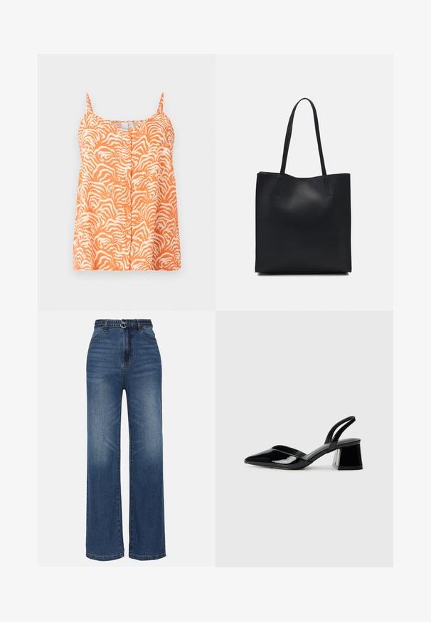 Oranges ärmelloses Top mit einem Zebramuster, das einen Knopfverschluss vorne und verstellbare Träger hat. Weicher Stoff.; Weite blaue Denim-Jeans mit hoher Taille, zwei Metall-Schnallen, subtilen Verwaschungen und dem klassischen Fünf-Taschen-Design.; Schwarze Lackleder-Slingback-High Heels mit spitzem Schuh und einem geometrischen Blockabsatz. Verfügt über ein schlankes, minimalistisches Design und eine glatte Textur.; Schwarze Laptoptasche aus Leder mit glatter Textur, rechteckiger Form und zwei langen Griffen. Keine sichtbaren Beschläge oder Verzierungen.