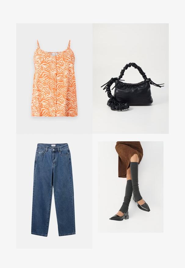 Oranje mouwloze top met een zebra-print patroon, voorzien van een knoopsluiting aan de voorkant en verstelbare schouderbanden. Zachte stof textuur.; Klassieke blauwe denim jeans met een rechte pijp, vijf zakken en een knoopsluiting. Heeft een middelgrote wasbeurt en stevige textuur.; Zwarte gepatineerde leren pumps met een puntige neus, een blokhak en een enkelbandje, gecombineerd met grijze geribde beenwarmers en een bruine suède rok.; Zwarte nepleer handtas met een krokodillenstructuur, opgedroogde bovenkant en een gekreukte hengsel. Het lijkt zacht en compact van ontwerp.