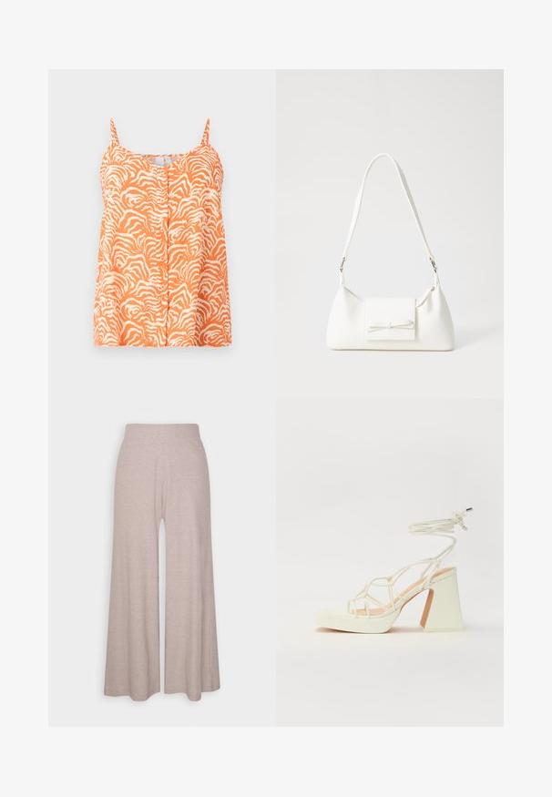 Oranž särgita ülemine osa, millel on sebramuster, varustatud nööbiga ees ja reguleeritavate õlapaeltega. Pehme kangast tekstuur.; Heledad hallharged püksid, mis on valmistatud pehmest, soonilisest kangast, kõrge vöökoht ja täispikkade jalgadega, millel on õrn tekstuur.; Valged kõrge kontsaga sandaalid, millel on paks konts ja rihmadega disain koos pahkluu sidumisega. Sile tekstuur ja platvorm ees, et lisada kõrgust.; Valge sünteetilisest materjalist kott kolmnurkse kujuga, lame esiklapiga ja kaaredetailiga, reguleeritava rihmaga, sileda tekstuuriga ja minimalistliku disainiga.