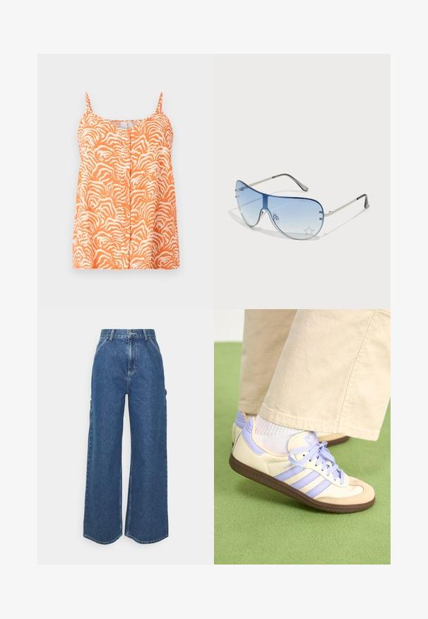 Oransje ermeløs topp med zebra mønster, med knappet front og justerbare skulderstropper. Myk tekstur.; Videbeinete blå denimbukser med høy midje, kontraststing, og sidelommer, med et klassisk fem-lommers design og rå kanter.; Kremfargede og lavendelfargede joggesko med tre striper og en teksturert brun såle, med lisser og en polstret hæl. Mykt stofføvre.; Pilotbriller med gradient blå linse, sølvfarget metallramme og dekorative stjerneaksenter på linsen. Glatt og stilren design.